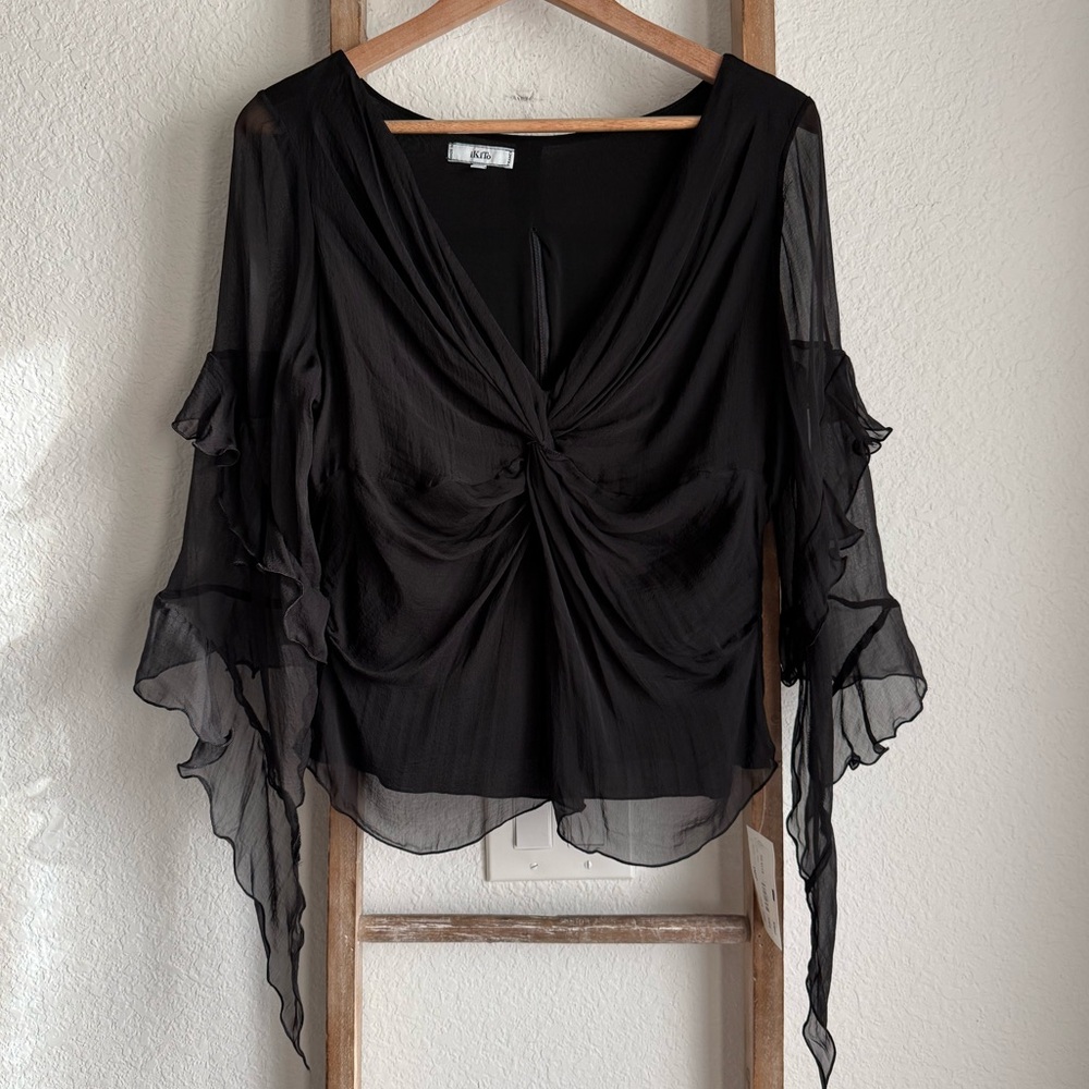 Ikito Black Silk Chiffon Vintage Waterfall Sleeve Blouse NWT Sz: 10